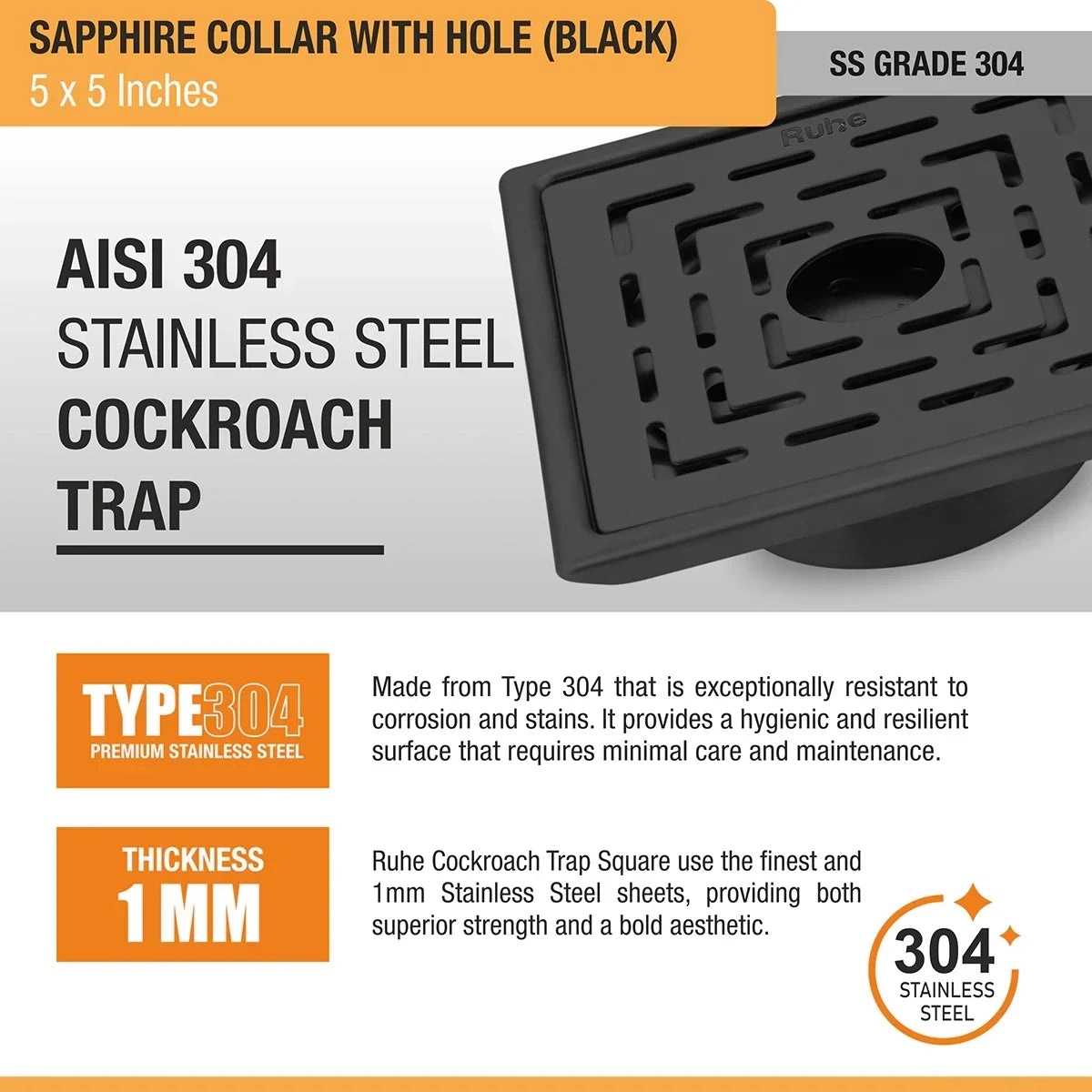 Ruhe Sapphire Square 304-Grade Floor Drain in Black PVD Coating - 5 x 5 inches by Ruhe : Colours available: Black 5 4