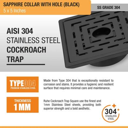Ruhe Sapphire Square 304-Grade Floor Drain in Black PVD Coating - 5 x 5 inches by Ruhe : Colours available: Black 5 4