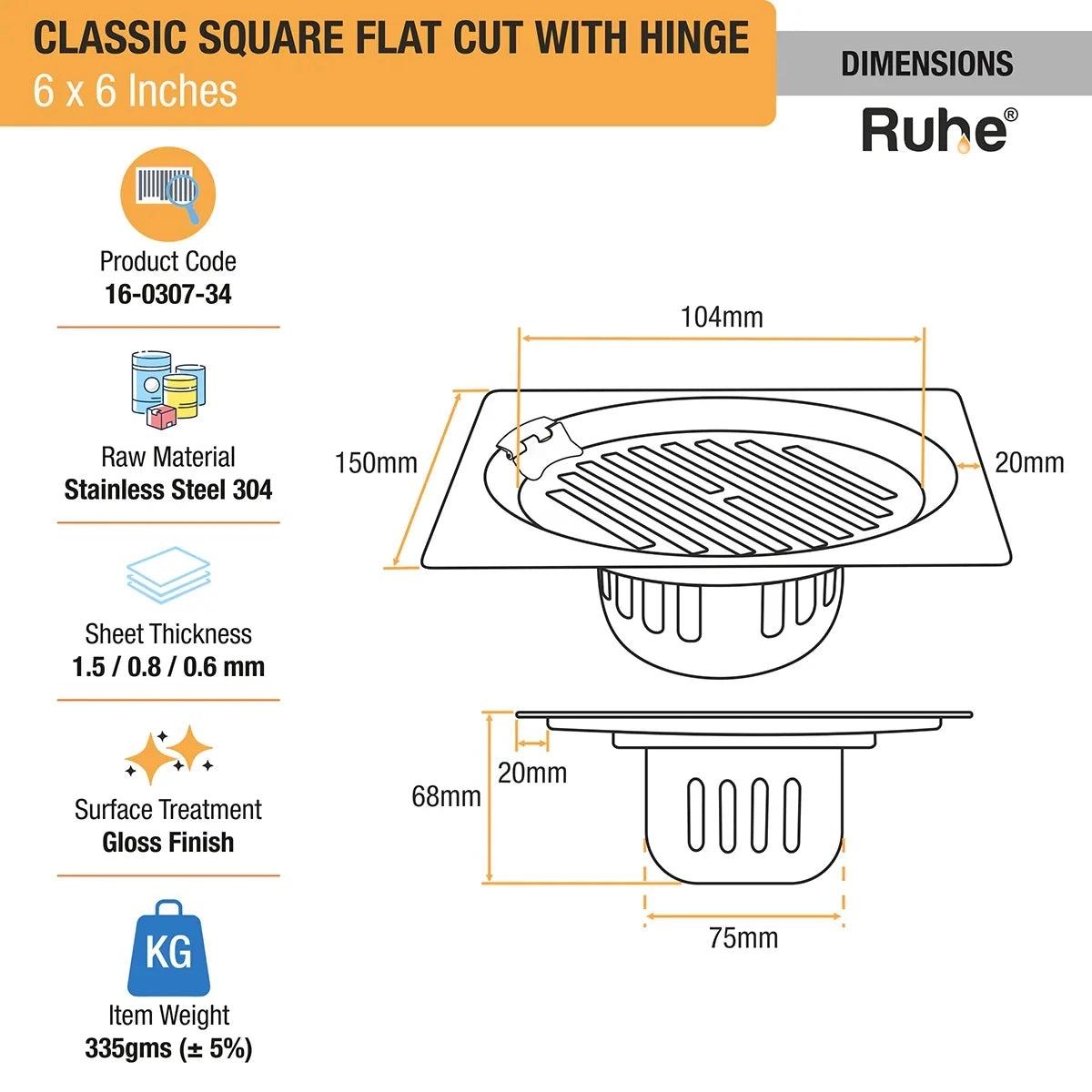 Ruhe Classic Square Flat Cut 304-Grade Floor Drain with Hinge and Cockroach Trap - 6 x 6 Inches 1