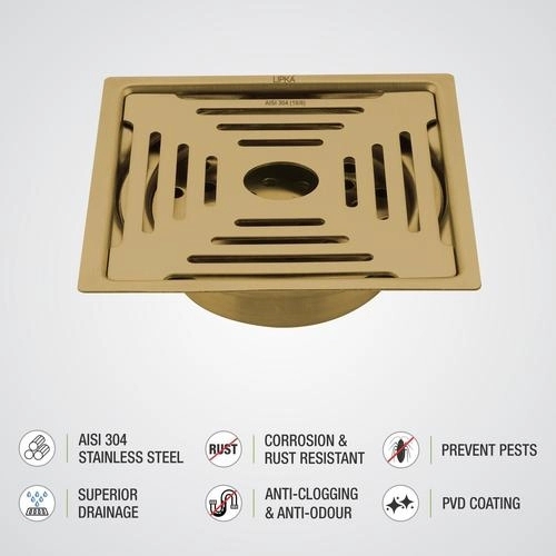 Lipka Green Exclusive Square Flat Cut Floor Drain in Yellow Gold PVD Coating (6 x 6 Inches) with Hole & Cockroach Trap 3