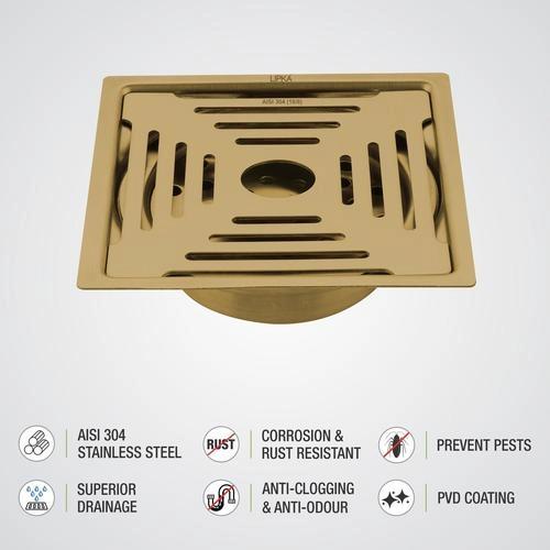 Lipka Green Exclusive Square Flat Cut Floor Drain in Yellow Gold PVD Coating (6 x 6 Inches) with Hole & Cockroach Trap 3