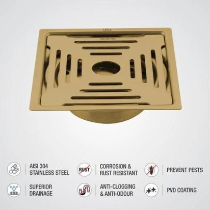 Lipka Green Exclusive Square Flat Cut Floor Drain in Yellow Gold PVD Coating (6 x 6 Inches) with Hole & Cockroach Trap 3