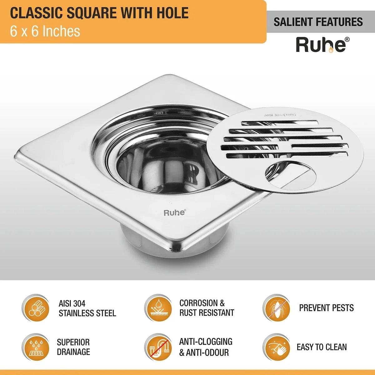 Ruhe Classic Square 304-Grade Floor Drain with Collar Hole and Cockroach Trap - 6 x 6 Inches 2