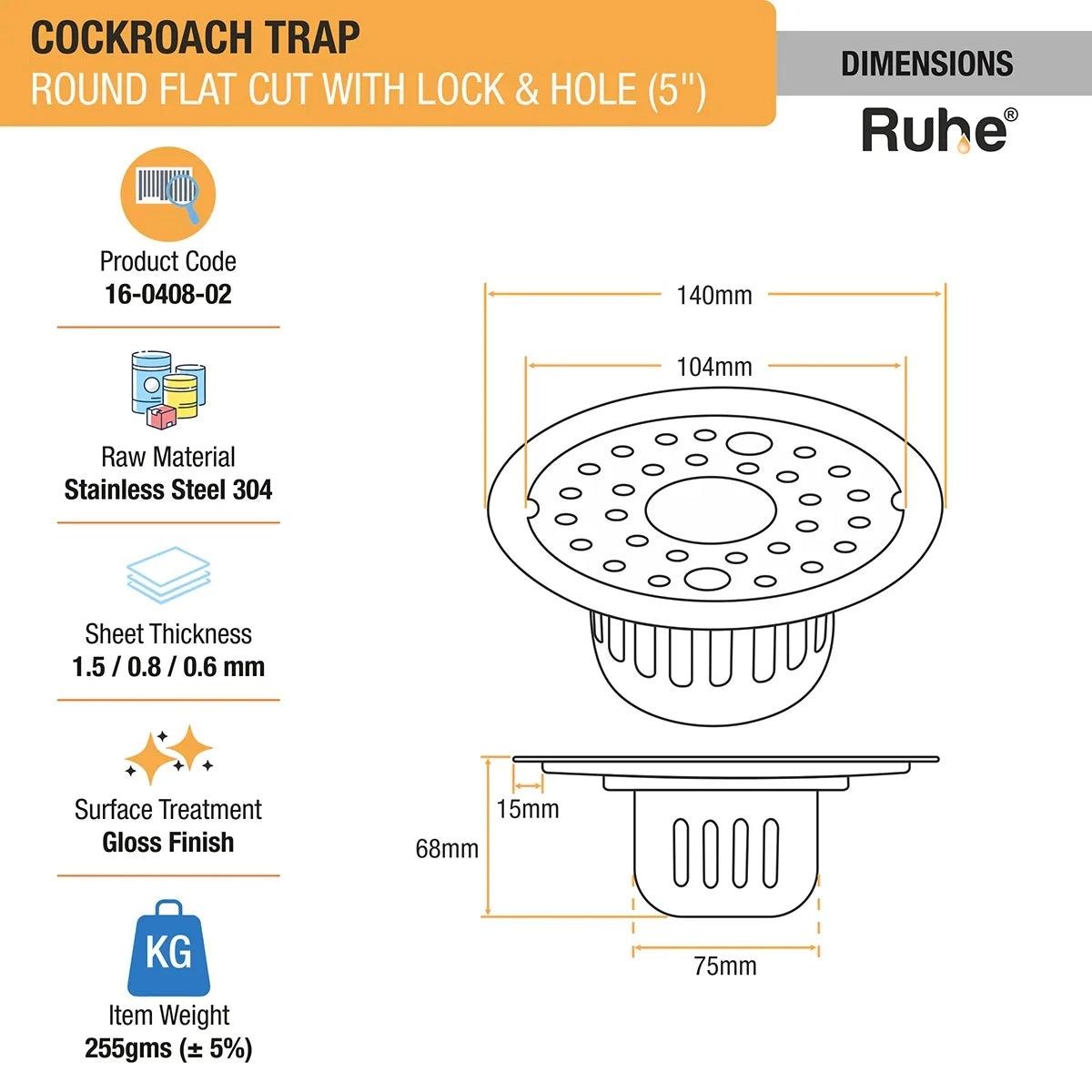 Ruhe Round Flat Cut 304-Grade Floor Drain with Lock, Hole & Cockroach Trap - 5 Inches 1