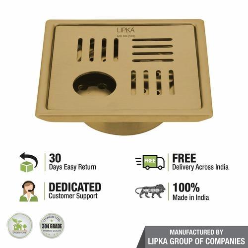 Lipka Pink Exclusive Square Floor Drain in Yellow Gold PVD Coating (5 x 5 Inches) with Hole & Cockroach Trap 4