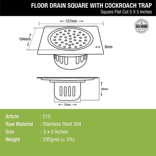 Lipka Square Flat Cut Floor Drain (5 x 5 Inches) with Cockroach Trap 1