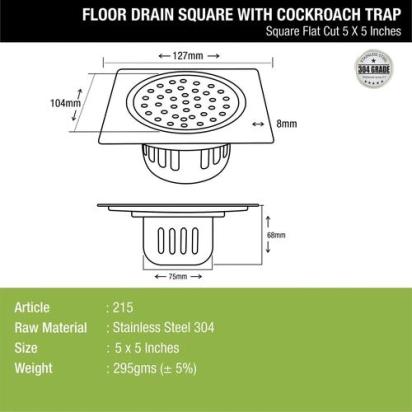 Lipka Square Flat Cut Floor Drain (5 x 5 Inches) with Cockroach Trap 1