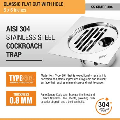 Ruhe Classic Square Flat Cut 304-Grade Floor Drain with Hole and Cockroach Trap - 6 x 6 Inches by Ruhe : Colours available: Silver 1 4