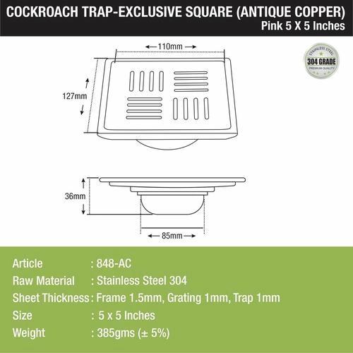 Lipka Pink Exclusive Square Floor Drain in Antique Copper PVD Coating (5 x 5 Inches) with Cockroach Trap 1