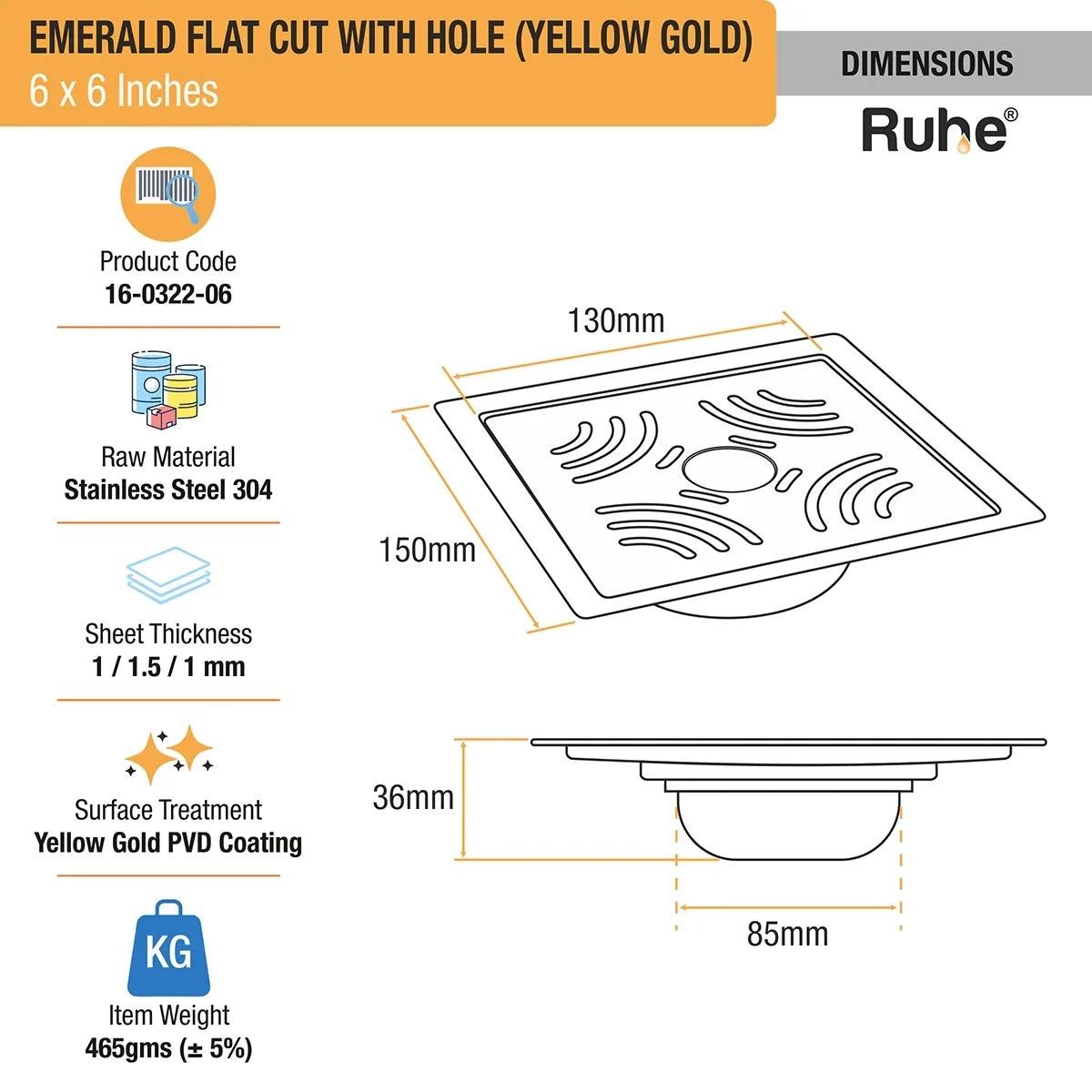 Ruhe Emerald Square Flat Cut Floor Drain In Yellow Gold PVD Coating - 6 x 6 Inches With Hole 1