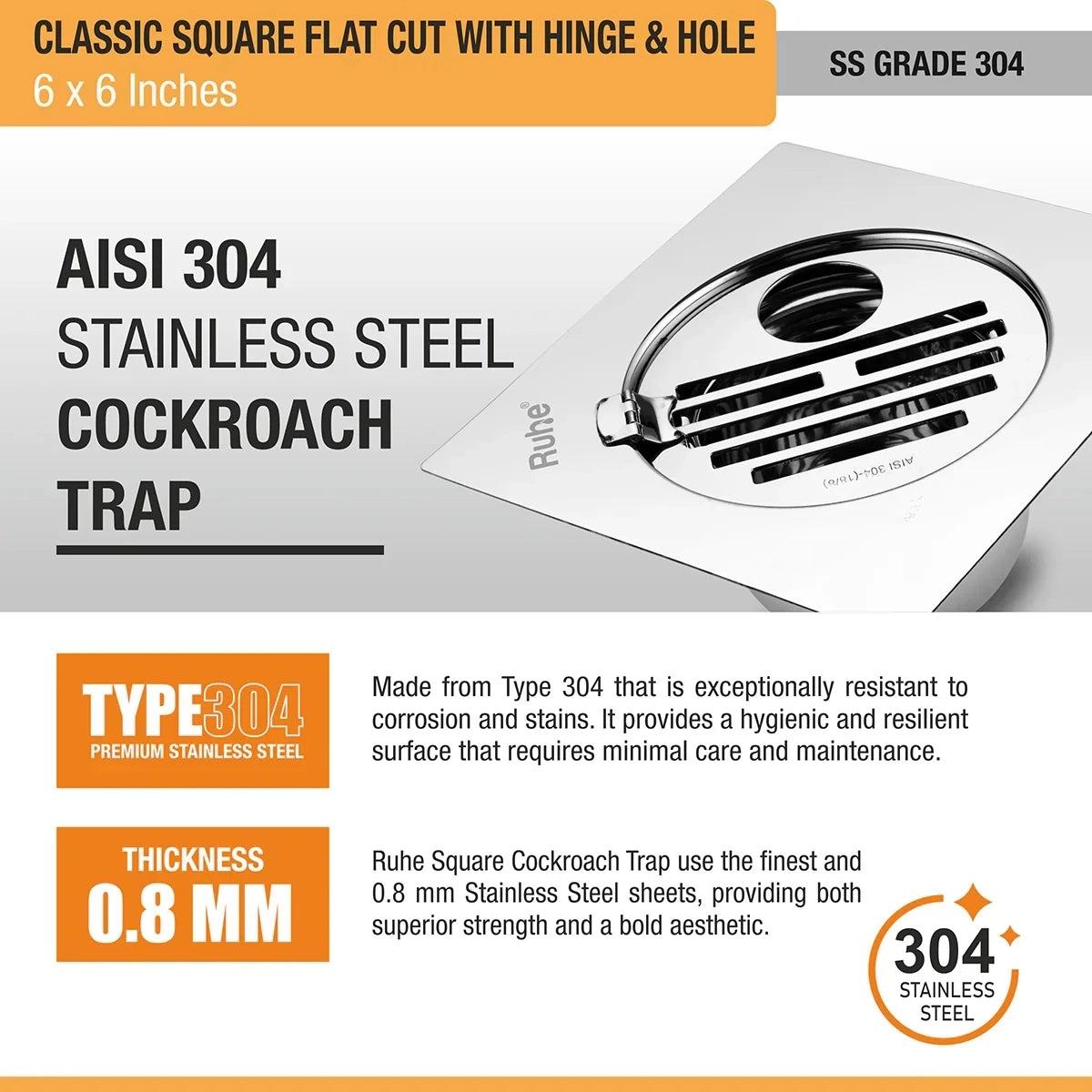 Ruhe Classic Square Flat Cut 304-Grade Floor Drain with Hinge Hole & Cockroach Trap - 6 x 6 Inches 4