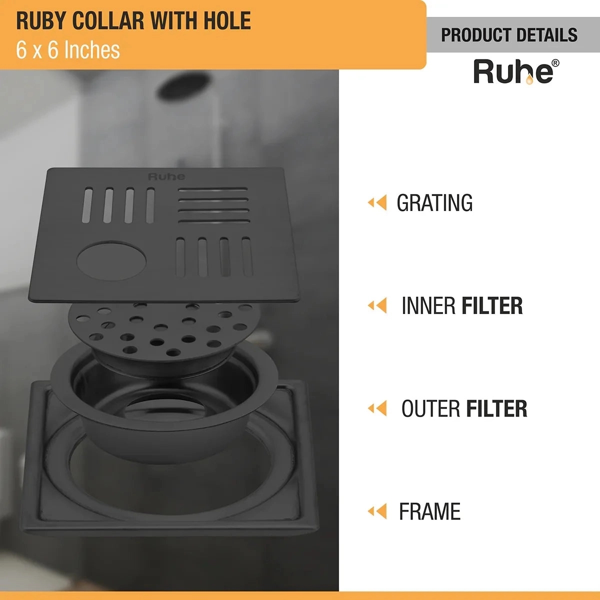 Ruby Square 304-Grade Floor Drain in Black PVD Coating 6 x 6 Inches with Hole by Ruhe : Colours available: Black 5 3