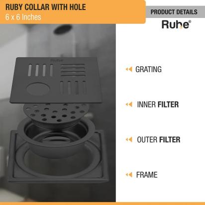 Ruby Square 304-Grade Floor Drain in Black PVD Coating 6 x 6 Inches with Hole by Ruhe : Colours available: Black 5 3