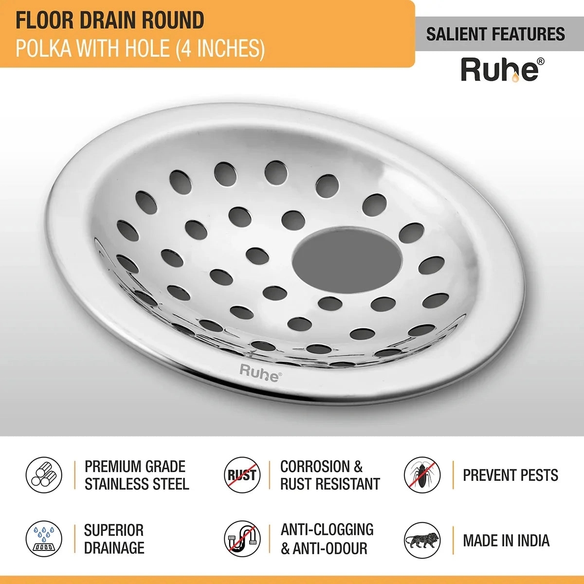 Ruhe Polka Round Floor Drain 4 Inches with Hole - Pack of 4 by Ruhe : Colours available: Silver 3 2