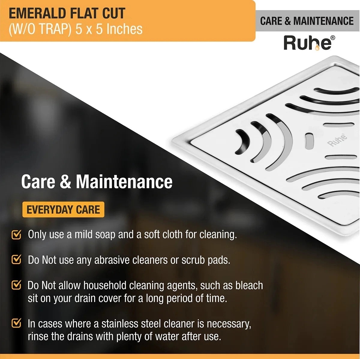 Ruhe Emerald Square Flat Cut 304 - Grade Floor Drain 5 x 5 Inches by Ruhe : Colours available: Silver 5 5