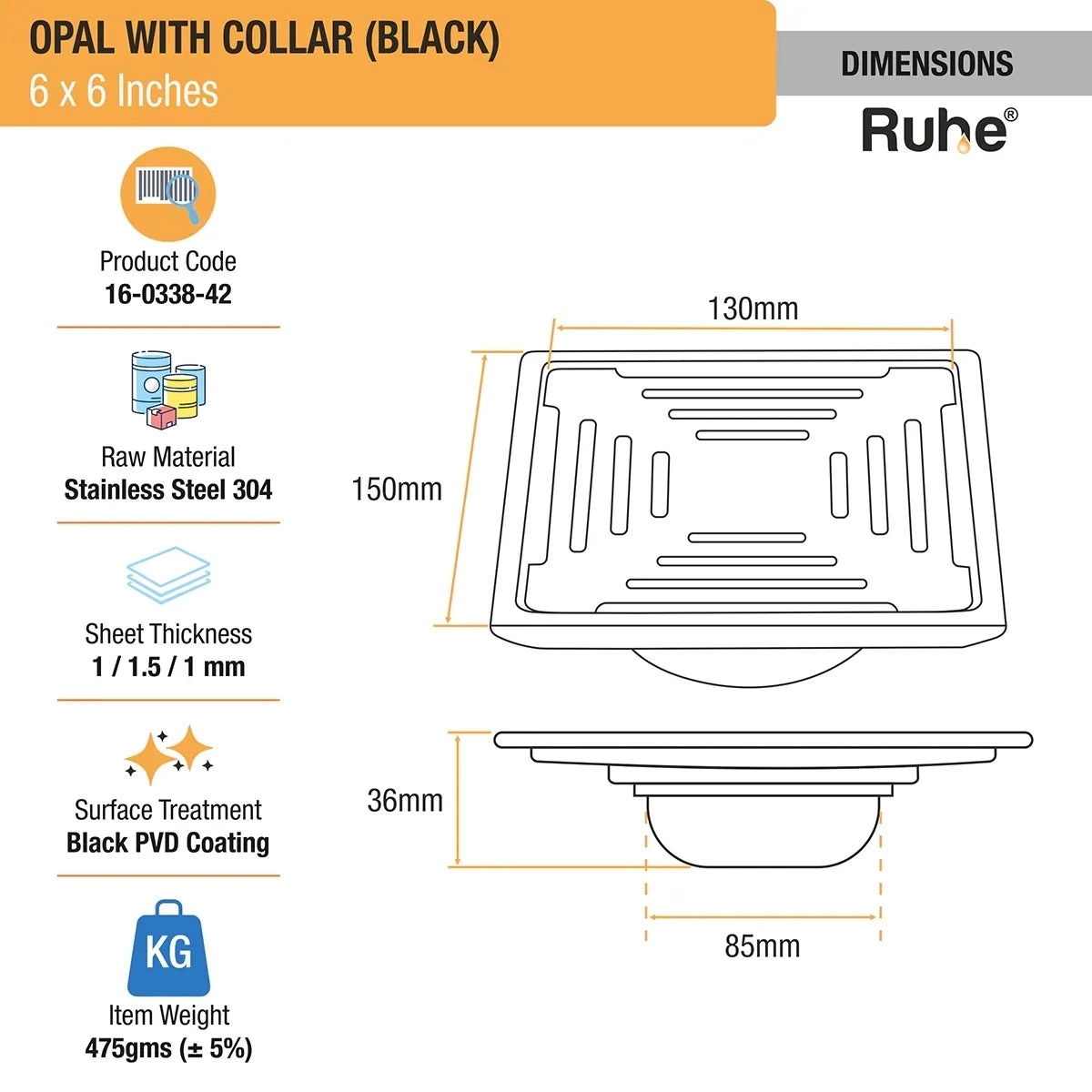 Ruhe Opal Square 304-Grade Floor Drain in Black PVD Coating 6 x 6 Inches by Ruhe : Colours available: Black 4 1