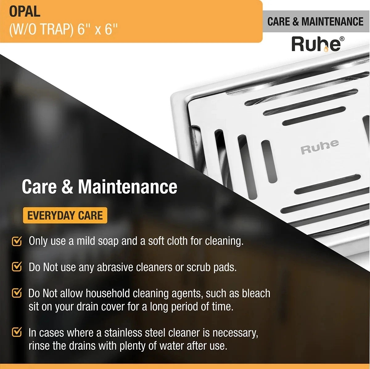 Ruhe Opal Square 304-Grade Floor Drain 6 x 6 Inches by Ruhe : Colours available: Silver 5 5