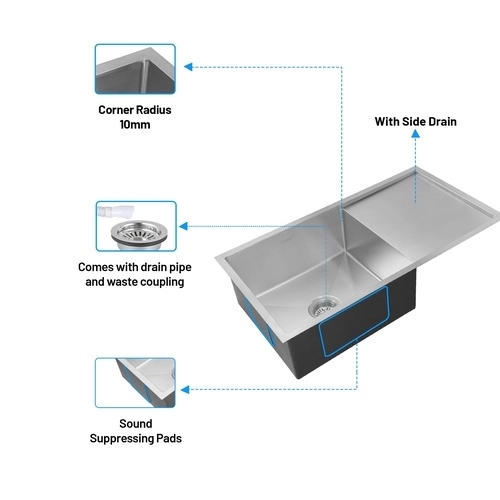 Glen Stainless Steel Grade 304 Sink for Kitchen, Single Bowl Handmade Sink with Side Drain Board 36x20x9 inches, Matte Finish (KS-SH36209SBSDM) 3