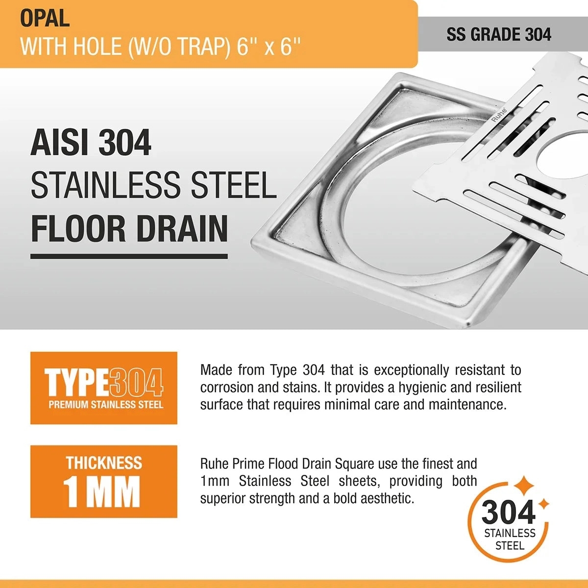 Ruhe Opal Square 304-Grade Floor Drain with Hole 6 x 6 Inches by Ruhe : Colours available: Silver 4 4