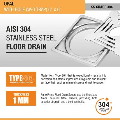 Ruhe Opal Square 304-Grade Floor Drain with Hole 6 x 6 Inches by Ruhe : Colours available: Silver 4 4