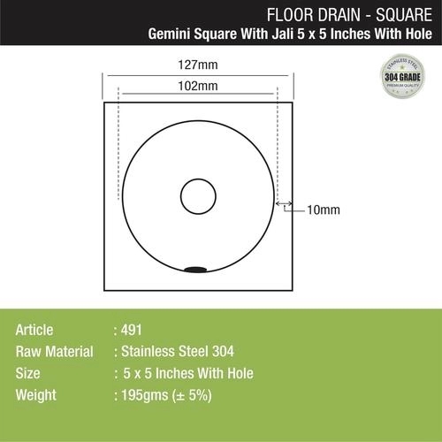 Lipka Gemini Square Floor Drain with Jali and Hole (5 x 5 Inches) with Hole 1