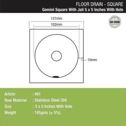 Lipka Gemini Square Floor Drain with Jali and Hole (5 x 5 Inches) with Hole 1