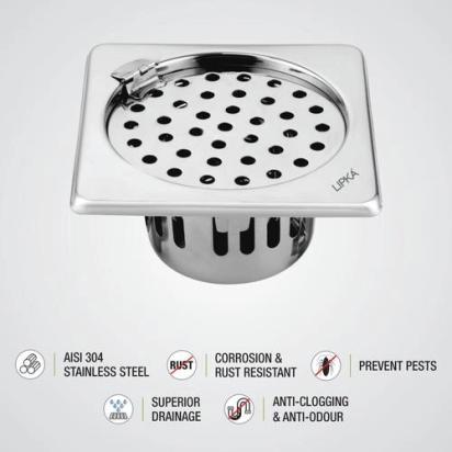 Lipka Square Floor Drain (6 x 6 Inches) with Hinge and Cockroach Trap 2