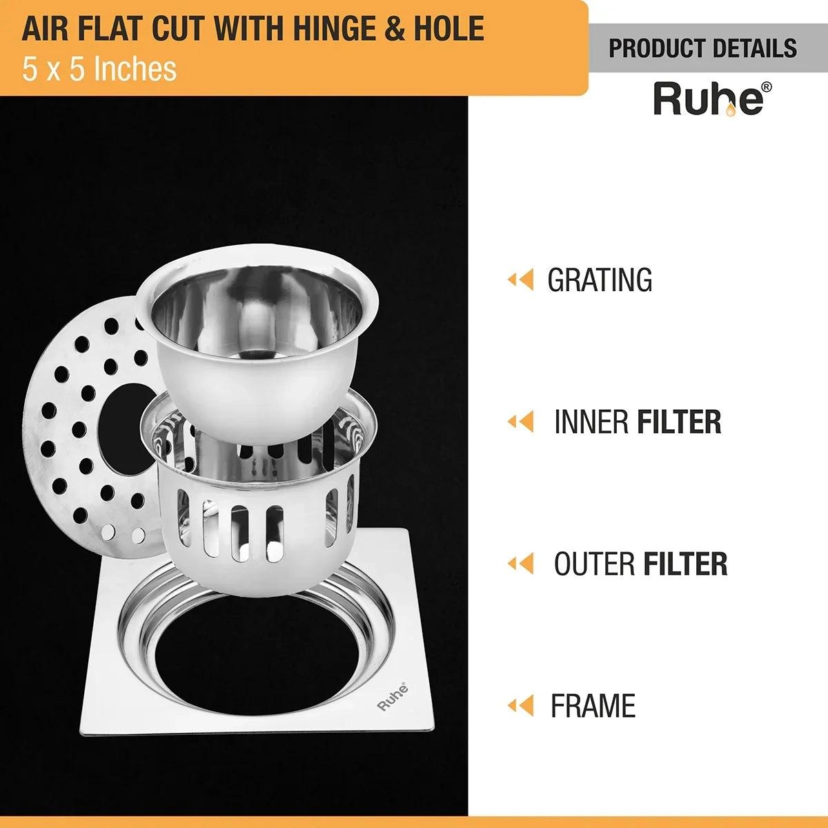 Ruhe Air Square Flat Cut 304-Grade Floor Drain with Hinge Hole and Cockroach Trap - 5 x 5 Inches 3