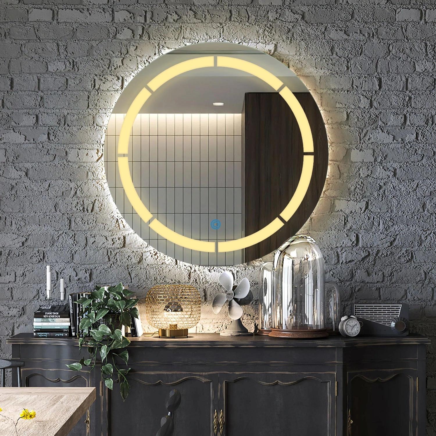 FlairGlass Sun Disc Gears Break - LED Bathroom Mirror - Warm White Light - Round - With Defogger