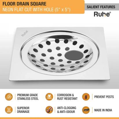 Ruhe Square Neon Floor Drain Square Flat Cut 5 x 5 Inches With Hole by Ruhe : Colours available: Silver 2 2