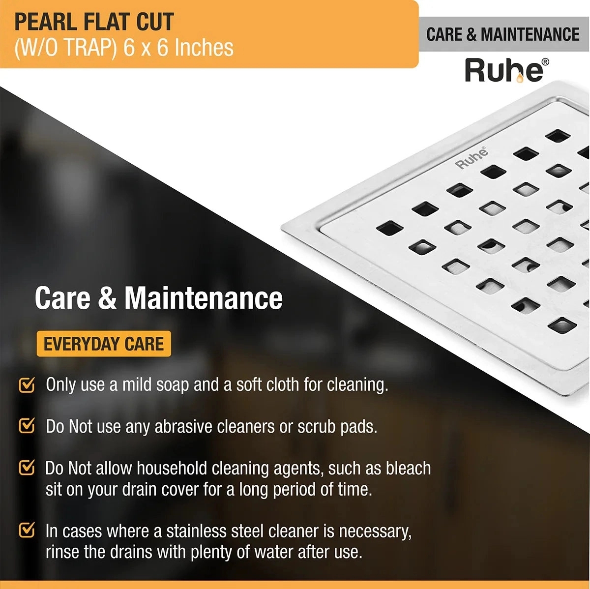 Ruhe Pearl Square Flat Cut 304 Grade Floor Drain - (6 x 6 Inches) by Ruhe : Colours available: Silver 6 5