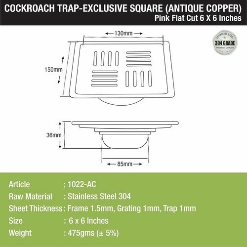 Lipka Pink Exclusive Square Flat Cut Floor Drain in Antique Copper PVD Coating (6 x 6 Inches) with Cockroach Trap 1