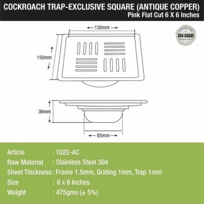 Lipka Pink Exclusive Square Flat Cut Floor Drain in Antique Copper PVD Coating (6 x 6 Inches) with Cockroach Trap 1