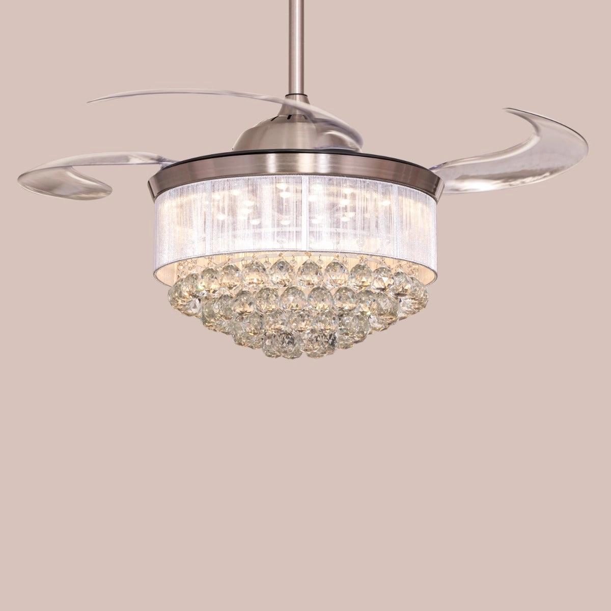 TheWhiteTeak Drop Dead Gorgeous (112 cm Span, Chrome Finish Metal Body With Silver Shade, Transparent ABS) Dimmable LED with Remote Control Crystal Chandelier Ceiling Fan 3