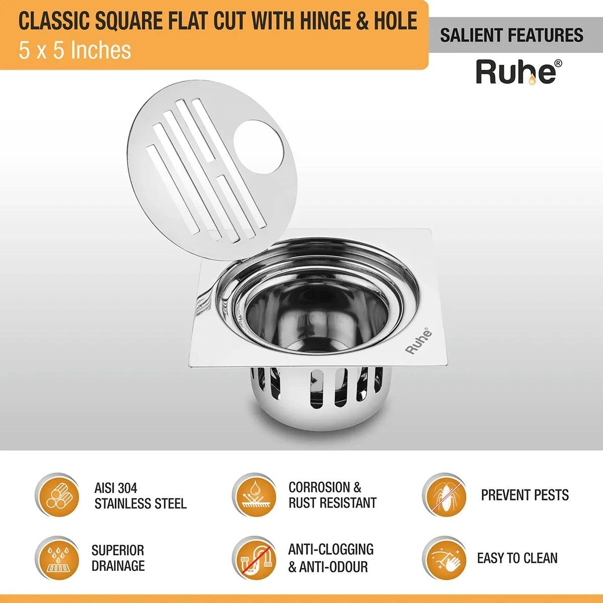 Ruhe Classic Square Flat Cut 304-Grade Floor Drain with Hinge Hole and Cockroach Trap - 5 x 5 Inches 2