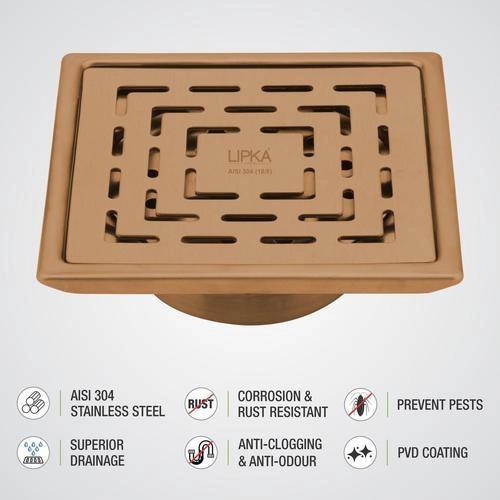 Lipka Orange Exclusive Square Floor Drain in Antique Copper PVD Coating (5 x 5 Inches) with Cockroach Trap 3
