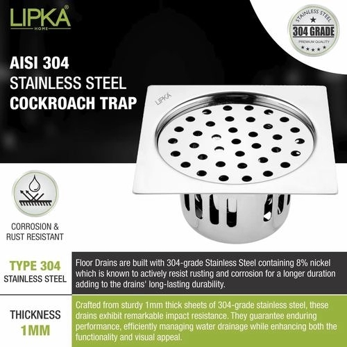 Lipka Square Flat Cut Floor Drain (5 x 5 Inches) with Cockroach Trap 3