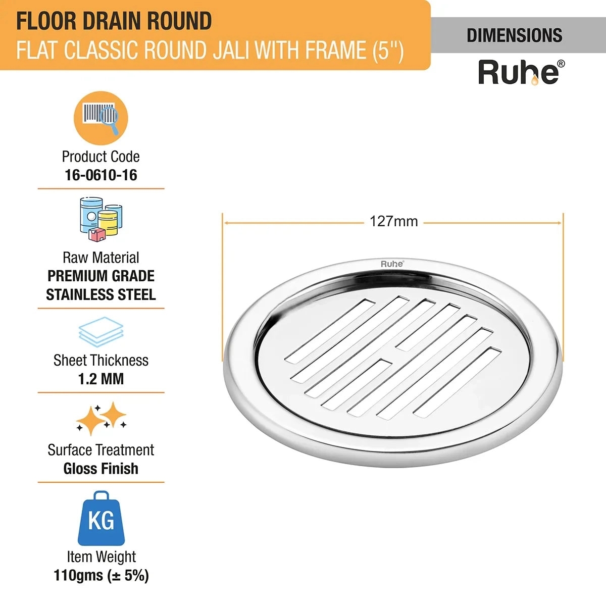 Ruhe Flat Classic Round Jali Floor Drain 5 inches with Frame - Pack of 2 by Ruhe : Colours available: Silver 1 1