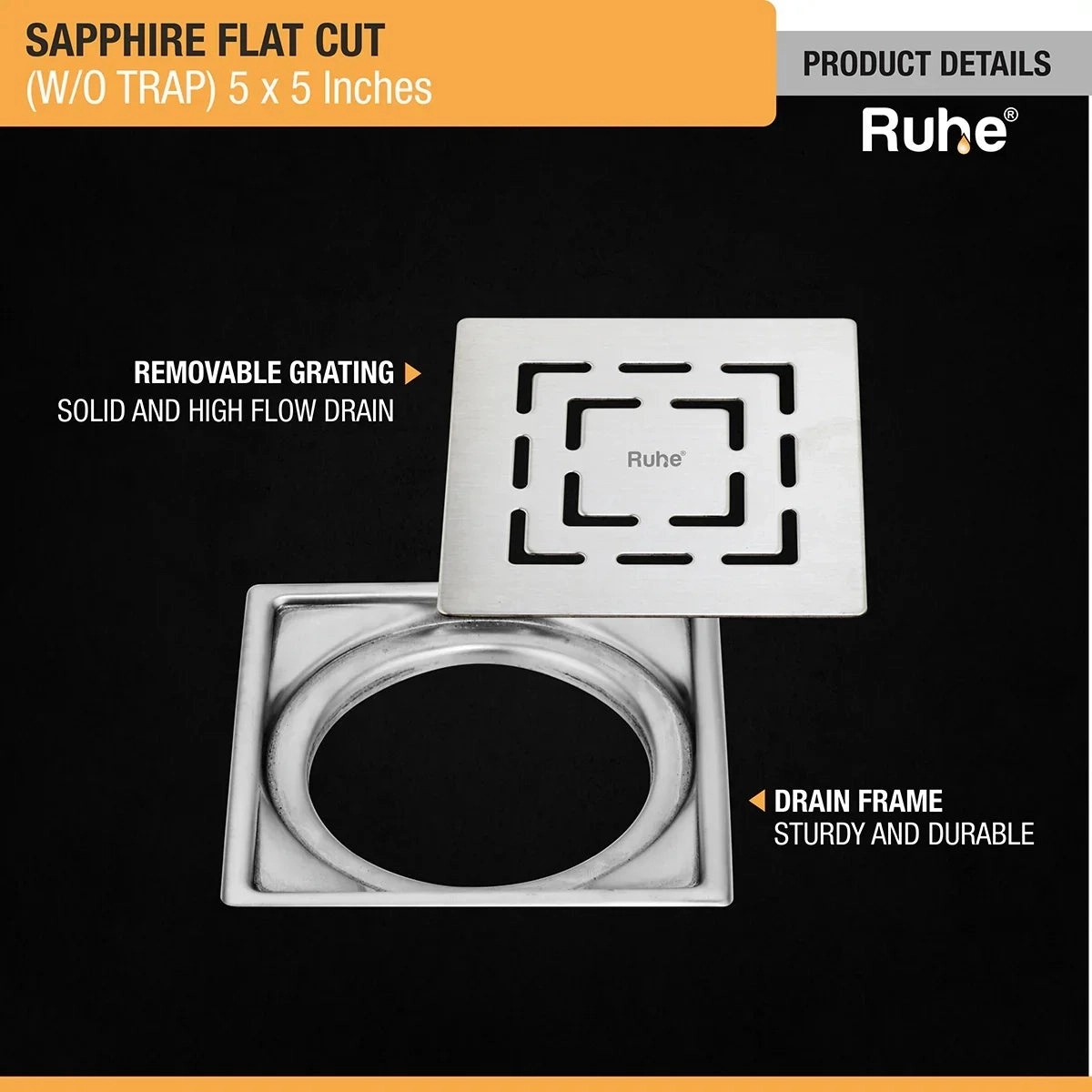 Ruhe Sapphire Square Flat Cut 304 Grade Floor Drain - (5 x 5 Inches) by Ruhe : Colours available: Silver 4 3