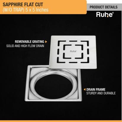 Ruhe Sapphire Square Flat Cut 304 Grade Floor Drain - (5 x 5 Inches) by Ruhe : Colours available: Silver 4 3