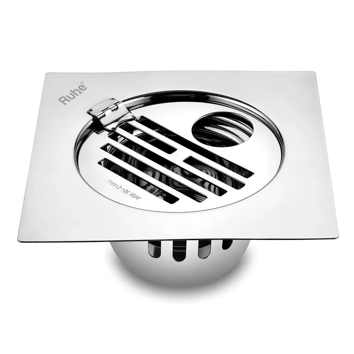 Ruhe Classic Square Flat Cut 304-Grade Floor Drain with Hinge Hole & Cockroach Trap - 6 x 6 Inches