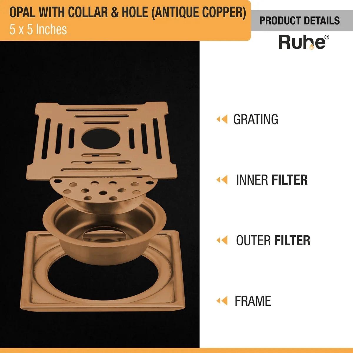 Ruhe Opal Square Flat Cut Floor Drain in Antique Copper PVD Coating 5 x 5 Inches with Hole 2