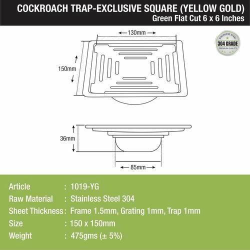 Green Exclusive Square Flat Cut Floor Drain in Yellow Gold PVD Coating (6 x 6 Inches) with Cockroach Trap 1