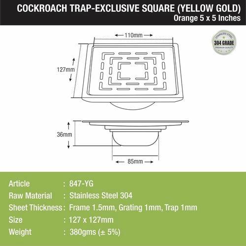 Lipka Home Orange Exclusive Square Floor Drain in Yellow Gold PVD Coating (5 x 5 Inches) with Cockroach Trap 1
