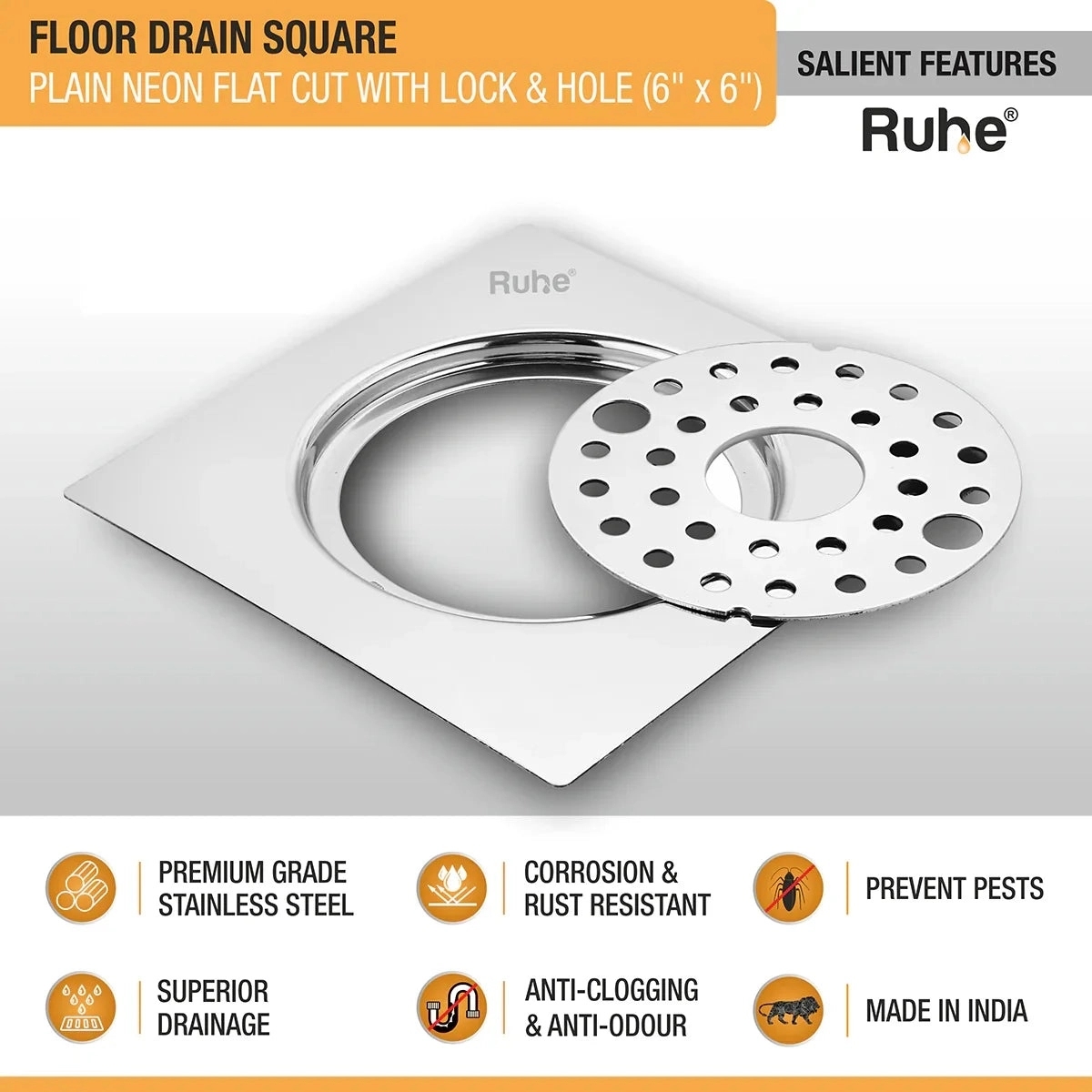 Ruhe Plain Neon Square Flat Cut Floor Drain - 6 x 6 Inches by Ruhe : Colours available: Silver 1 2