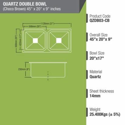 Lipka Choco Brown Quartz Double Bowl Kitchen Sink (45 x 20 x 9 Inches) 2
