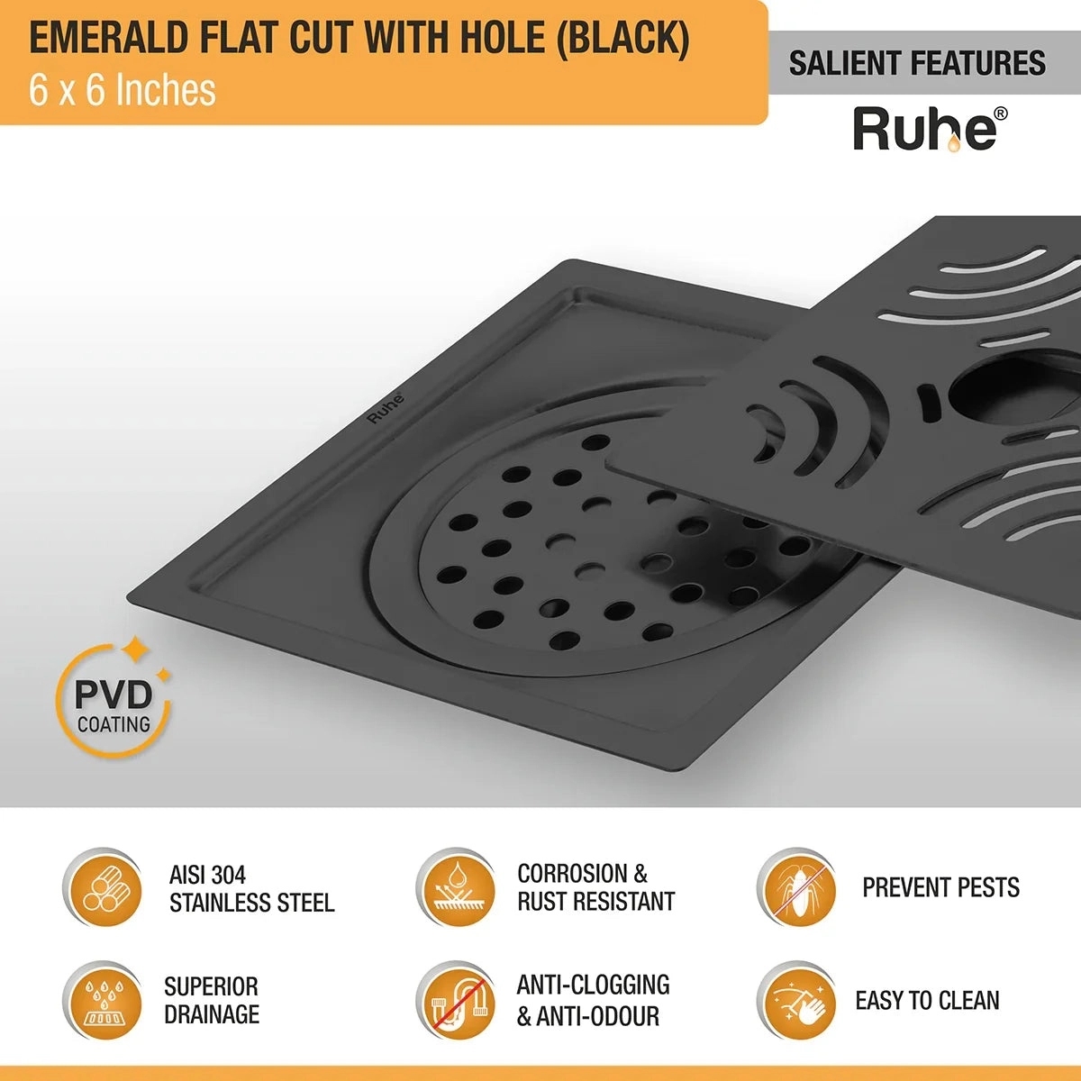 Ruhe Emerald Square Flat Cut Floor Drain in Black PVD Coating 6 x 6 Inches with Hole by Ruhe : Colours available: Black 6 4