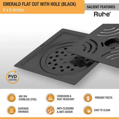 Ruhe Emerald Square Flat Cut Floor Drain in Black PVD Coating 6 x 6 Inches with Hole by Ruhe : Colours available: Black 6 4