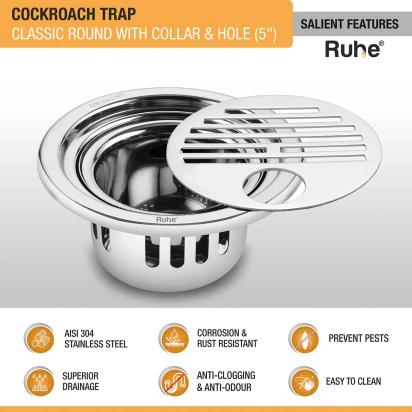 Ruhe Classic Round 304-Grade Floor Drain with Collar Hole and Cockroach Trap by Ruhe : Colours available: Silver 1 2