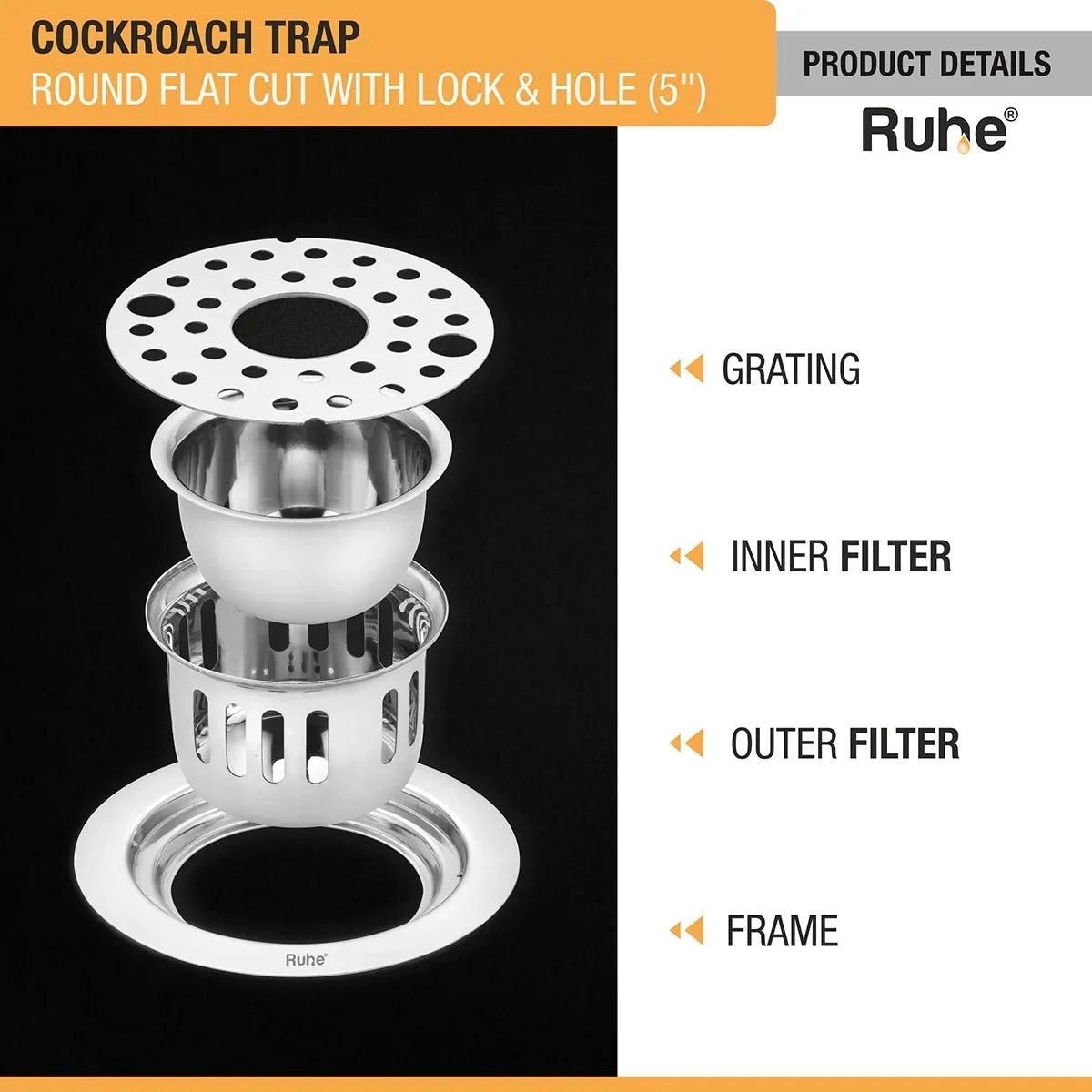 Ruhe Round Flat Cut 304-Grade Floor Drain with Lock, Hole & Cockroach Trap - 5 Inches 3